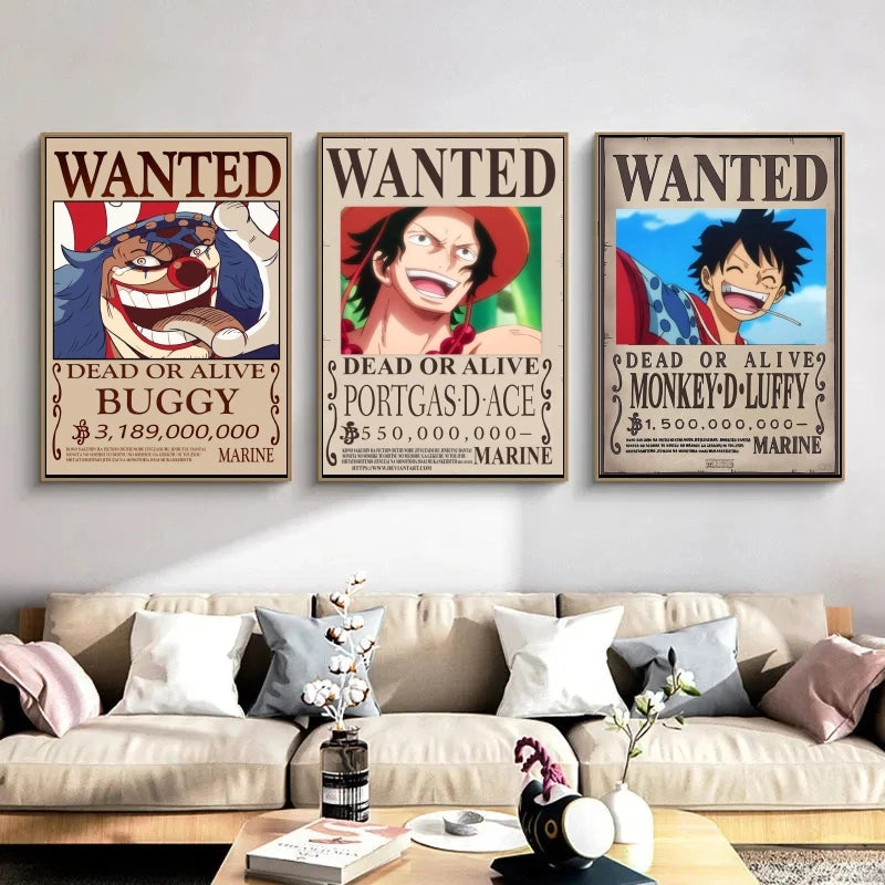 Classic Hot Selling Anime One Piece Luffy Zoro Bounty Wanted Poster Cartoon Character Canvas Printing Living Room Decor Posters