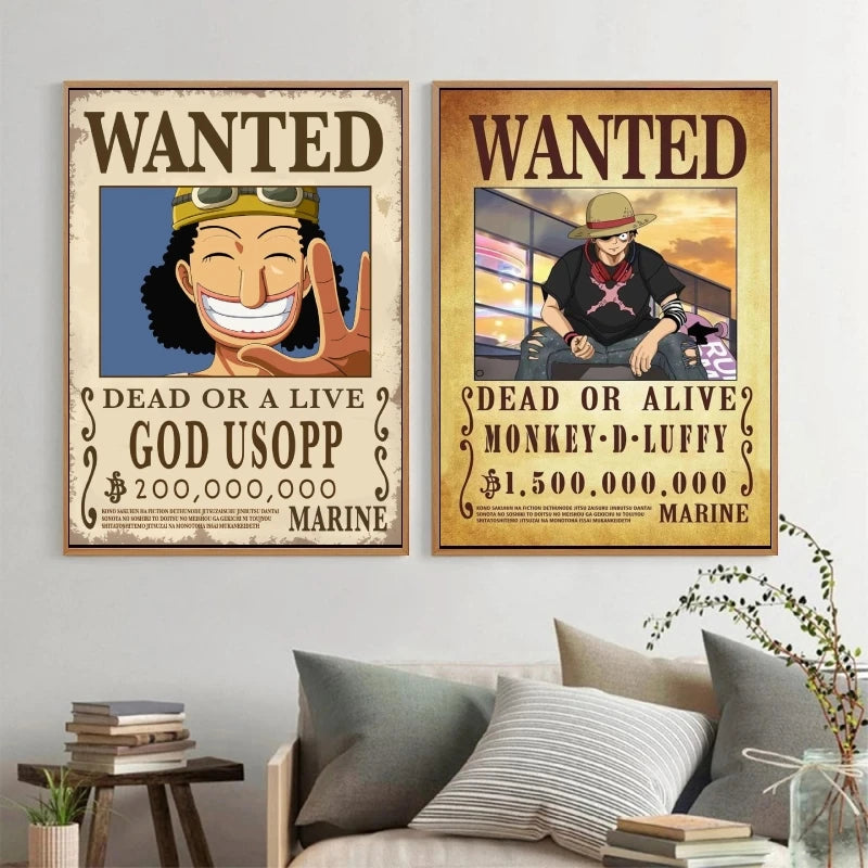 Classic Hot Selling Anime One Piece Luffy Zoro Bounty Wanted Poster Cartoon Character Canvas Printing Living Room Decor Posters