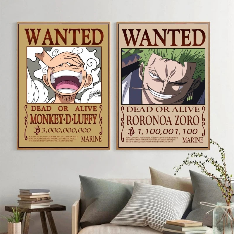 Classic Hot Selling Anime One Piece Luffy Zoro Bounty Wanted Poster Cartoon Character Canvas Printing Living Room Decor Posters