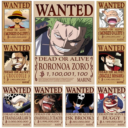 Classic Hot Selling Anime One Piece Luffy Zoro Bounty Wanted Poster Cartoon Character Canvas Printing Living Room Decor Posters