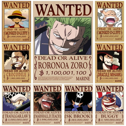 Classic Hot Selling Anime One Piece Luffy Zoro Bounty Wanted Poster Cartoon Character Canvas Printing Living Room Decor Posters