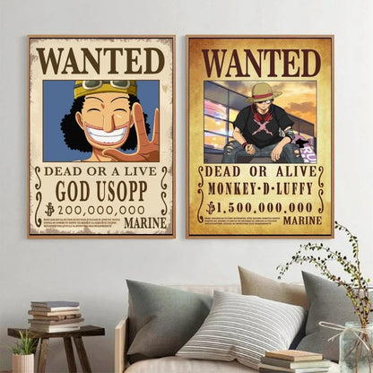 Classic Hot Selling Anime One Piece Luffy Zoro Bounty Wanted Poster Cartoon Character Canvas Printing Living Room Decor Posters