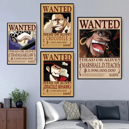 Classic Hot Selling Anime One Piece Luffy Zoro Bounty Wanted Poster Cartoon Character Canvas Printing Living Room Decor Posters