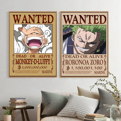 Classic Hot Selling Anime One Piece Luffy Zoro Bounty Wanted Poster Cartoon Character Canvas Printing Living Room Decor Posters